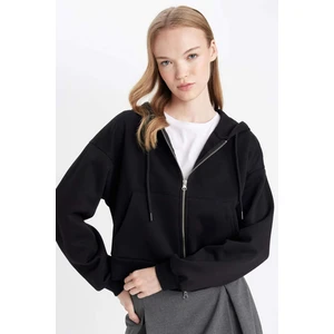 Coool Standart Fit Kapüşonlu Basic Düz Kanguru Cepli Fermuarlı Siyah Sweatshirt Z7069AZ24WN