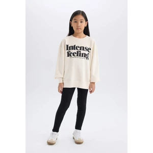 Kız Çocuk 2'li Takım Bisiklet Yaka Baskılı Sweatshirt Basic Düz Uzun Tayt A6808A824AU
