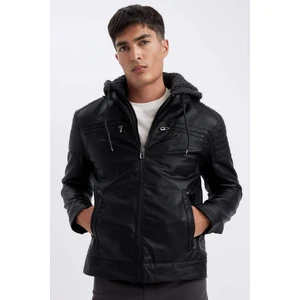 Su İtici Slim Fit Dar Kesim Kapüşonlu Pelüş Astar Fermuarlı Cepli Suni Deri Mont N9693AZ24WN