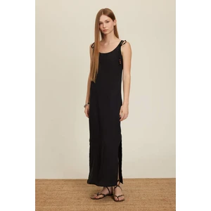Straight Fit Yuvarlak Yaka Modal Askılı Siyah Maxi Elbise C8231AX24SM