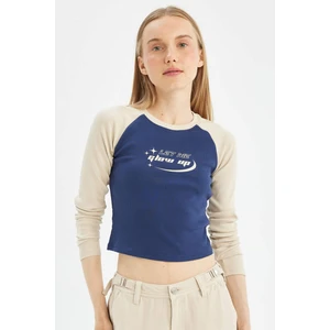 Coool Fitted Bisiklet Yaka Fitilli Kaşkorse Baskılı Uzun Kollu Tişört