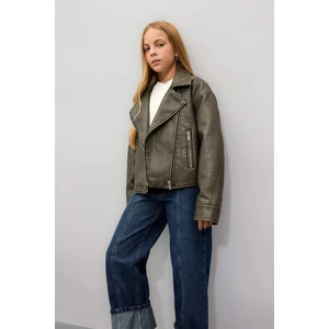 Kız Çocuk Su Geçirmez Ceket Yaka Fermuarlı Rüzgar Geçirmez Suni Deri Mont C4977A824AU