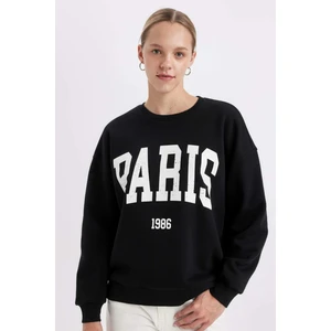 Loose Fit Bisiklet Yaka Baskılı Kalın Siyah Sweatshirt C7810AX24WN