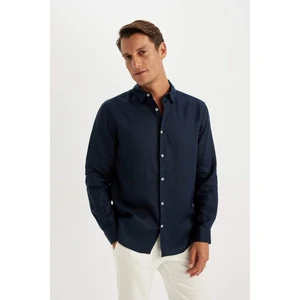 %100 Keten Regular Fit Polo Yaka Yazlık Basic Düz Uzun Kollu Gömlek C1825AX24SM
