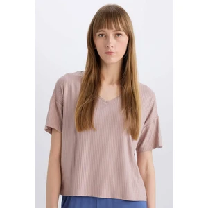 Regular Fit V Yaka Casual Kısa Kollu Pijama Üstü-Fall in Love B6181AX24SP