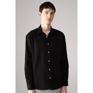 Relax Fit Polo Yaka Gabardin Uzun Kollu Siyah Gömlek C1477AX24SP