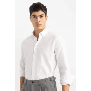Beyaz Modern Fit Polo Yaka Petek Dokulu Basic Düz Uzun Kollu Gömlek B7383AX24SP