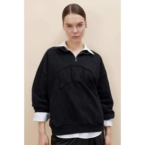 Oversize Yarım Fermuarlı Baskılı Soluk Yıkama Efektli Kalın Sweatshirt C2014AX24SP