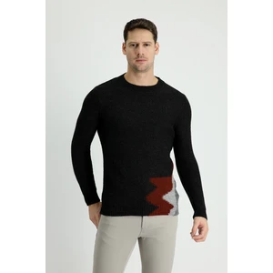 Bisiklet Yaka Slim Fit Dar Kesim Yünlü Desenli Triko Kazak