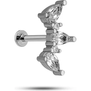 925 Ayar Gümüş Rodyumlu Minimal 3'lü Damla Taşlı Tragus Piercing Küpe