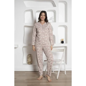 Kadın Çiçek Desen V Yaka 3 Düğmeli Pamuklu Uzun Kol Mevsimlik Pijama Takımı