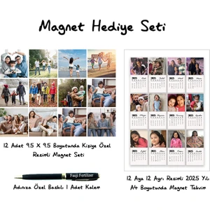 Kişiye Özel 12 Adet 9.5 x 9.5 Magnet ve 12 Aya Özel Kişisel Resimli 2025 Yılı Takvimi + Adınıza Özel Yazılı Kalem