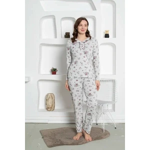 Gri Çiçek Desenli Büyük Beden Kadın Uzun Kol Anne Pijama Takımı -   Pamuk Penye Mevsimlik