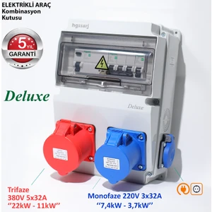 Deluxe Elektrikli Araç Kombinasyon Kutusu 5X32A + 3X32A + 1X16A - Trifaze-Monofaze- Schneider Marka Sigorta Grubu