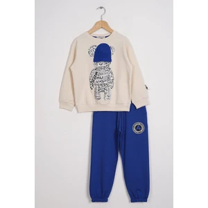 Bisiklet Yaka Uzun Kol Ayı Baskılı Taş Saks Renk Erkek Çocuk Esofman Takım
