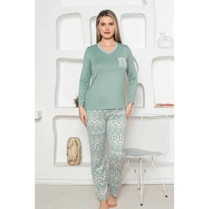 Etnik Desen Kadın Pijama Takımı - Uzun Kollu Likralı Penye Cepli Alt