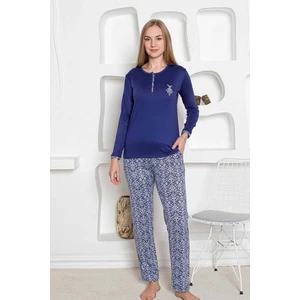 Etnik Desen Kadın Pijama Takımı - Uzun Kollu Likralı Penye Cepli Alt