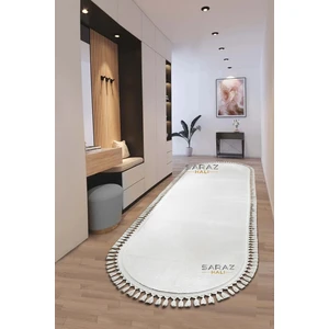 Saraz Halı Puffy Beyaz Oval Örgü Saçaklı Peluş Yumuşacık Yıkanabilir Kaymaz Taban Halı Salon Oturma Odası