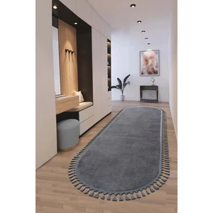 Puffy Antrasit Oval Örgü Saçaklı Peluş Yumuşacık Yıkanabilir Kaymaz Taban Halı Salon Oturma Odası
