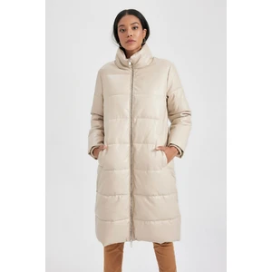 Su İtici Uzun Şişme Mont Parka Oversize Geniş Kalıp Dik Yaka Fermuarlı Suni Deri A0990AX23CW