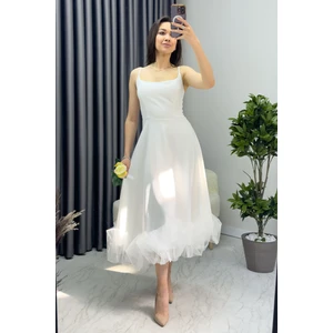 The ZKS Kadın Askılı Kloş Etek Ucu Tül Detay Midi Abiye Elbise