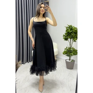 The ZKS Kadın Askılı Kloş Etek Ucu Tül Detay Midi Abiye Elbise