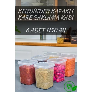 6'Lı Kendinden Kendinden Kapaklı Kare Saklama Kabı, Erzak, Baharat 1,15 Litre