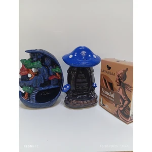 Tedi Sanat Mini Ay Mini Mavi Mantar Geri Akış Şelale Tütsülük Buhurdanlık 10 Adet Sandal Tütsü Hediyeli