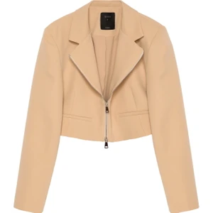 Önden Fermuarlı Crop Blazer Ceket Bej