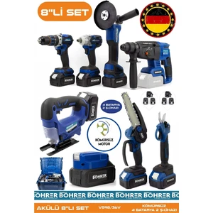 Alman Akülü Kömürsüz V598 5ah Profesyonel 8 Makine Kombo Set ,Blue 4 Batarya 2 Ş. Cihazı