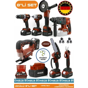 Alman Akülü Kömürsüz V598 5AH Profesypnel 8 Makine Kombo Set ,kırmızı 4 Batarya 2 Şarj