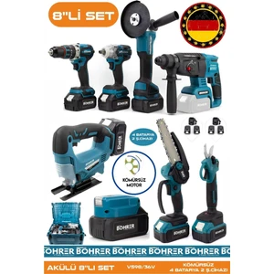 Alman Akülü Kömürsüz V598 5AH Profesypnel 8 Makine Kombo Set ,4 Batarya 2 Ş. Cihazı