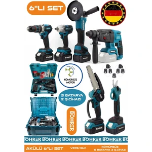 Alman 5 Akülü 2 Şarjlı Kömürsüz V598 5AH Profesyonel 6 Makine Kombo Set ,mavi Tek Çanta