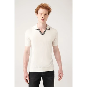 Erkek Beyaz Düğmesiz Patı Çizgi Detaylı Ribanalı Triko T-shirt A31y5110