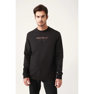 Erkek Siyah Bisiklet Yaka Pamuklu Baskılı Elastan Sweatshirt A42y1259