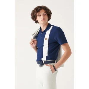 Erkek Lacivert Polo Yaka Jakarlı Pamuklu Marine Baskılı Regular Fit T-shirt A31y1023