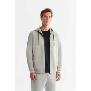 Erkek Gri Kapüşonlu Interlok Kumaş Fermuarlı Sweatshirt B001102