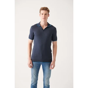 Erkek Lacivert Düğmesiz Polo Yaka Örgü Detaylı Ribanalı Regular Fit Triko T-shirt A31y5120