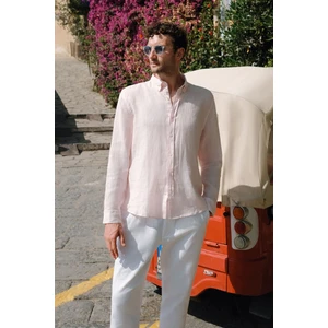 Erkek Pembe %100 Keten Düğmeli Yaka Gömlek B002191