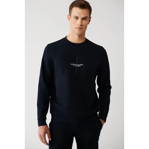 Erkek Lacivert Interlok Kumaş Bisiklet Yaka Slogan Baskılı Sweatshirt A32y1207