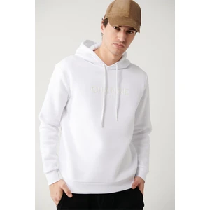 Erkek Beyaz Kapüşonlu 3 İplik Şardonlu Baskılı Sweatshirt A32Y1240