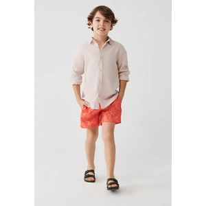 Turuncu Hızlı Kuruyan Çiçek Baskılı Standart Boy Çocuk Özel Kutulu Comfort Fit Mayo Deniz Şortu