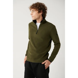 Erkek Haki Soğuğa Dayanıklı Yarım Fermuarlı Dik Yaka Polar Sweatshirt E001068