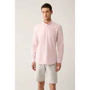 Erkek Açık Pembe Düğmeli Yaka %100 Pamuk Keten Dokulu Gömlek E002141