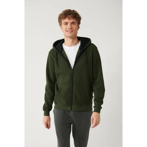 Erkek Haki Kapüşonlu 3 Iplik Şardonlu Fermuarlı Sweatshirt E001019