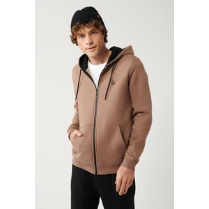 Erkek Açık Kahverengi Kapüşonlu 3 Iplik Şardonlu Fermuarlı Sweatshirt E001019