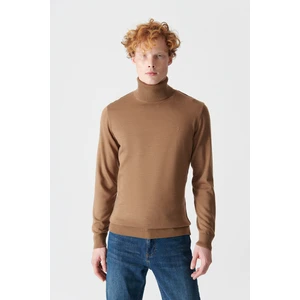 Erkek Kamel Unisex Triko Kazak Tam Balıkçı Yaka Tüylenmeyen Regular Fit E005002