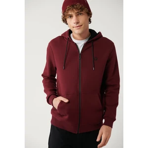 Erkek Koyu Bordo Kapüşonlu 3 İplik Şardonlu Fermuarlı Sweatshirt E001019
