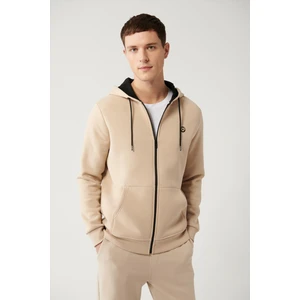 Erkek Bej Kapüşonlu 3 Iplik Şardonlu Fermuarlı Sweatshirt E001019