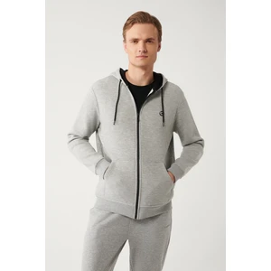 Erkek Gri Kapüşonlu 3 İplik Şardonlu Fermuarlı Sweatshirt E001019